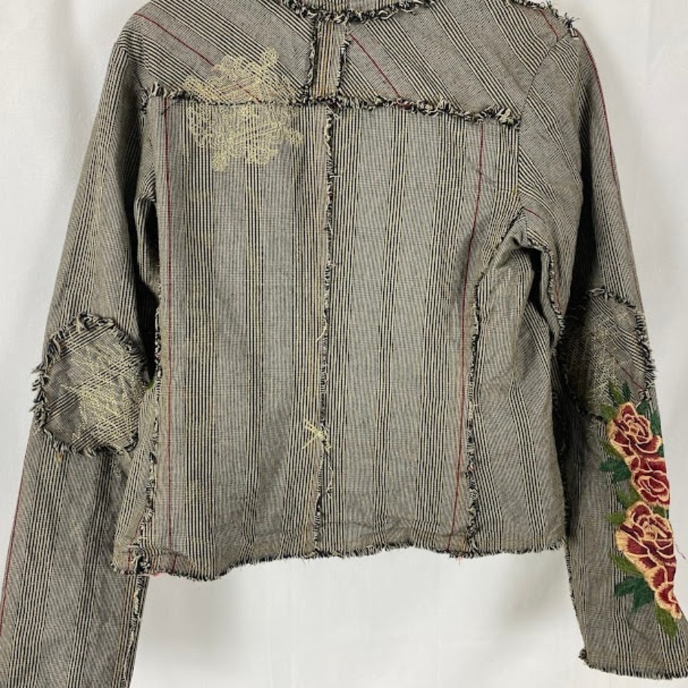 Unique Embellished Striped Blazer Jacket Floral Roses Embroidered Frayed Edges - Picture 14 of 15